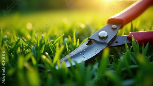 Pruning tools on grass, Close-up of pruning shears on dewy grass under morning sunlight hyper-realistic textures tranquil mood