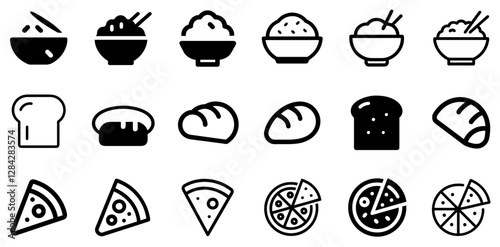 "Rice, Bread, and Pizza Vector Icon Set – A Staple Food Collection for Every Cuisine"