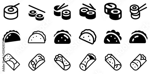 "Sushi, Tacos, and Burrito Vector Icon Set – A Tasty Fusion of Global Cuisine"