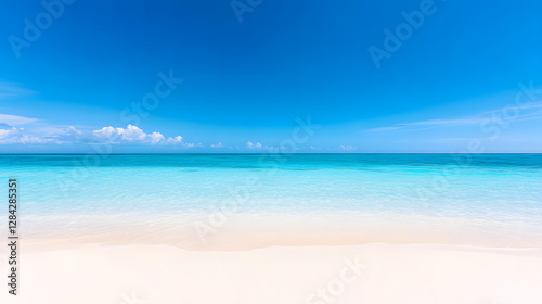 Panorama of a Tropical Beach with Clear Blue Water and White Sandy Shore
