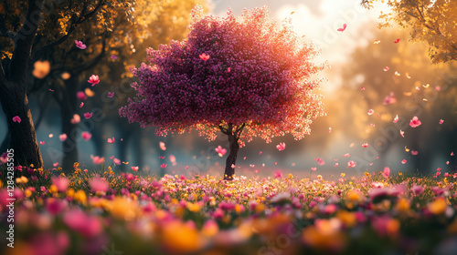 Blooming cherry tree with pink flowers surrounded by vibrant blossoms in a sunlit meadow during springtime. Generative AI