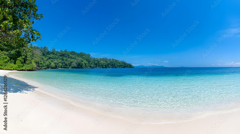 Panorama of a Tropical Beach with Clear Blue Water and White Sandy Shore
Panorama of a Tropical Beach with Clear Blue Water and White Sandy Shore