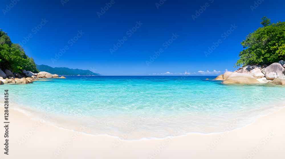 Panorama of a Tropical Beach with Clear Blue Water and White Sandy Shore
Panorama of a Tropical Beach with Clear Blue Water and White Sandy Shore