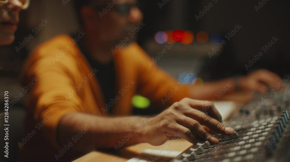 Sound engineer working with female musician in recording studio, adjusting audio levels on professional mixing console and discussing project with her Sound engineer working with female musician in recording studio, adjusting audio levels on professional mixing console and discussing project with her