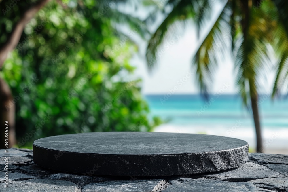 Black stone podium on stone platform against blurred tropical beach background Black stone podium on stone platform against blurred tropical beach background