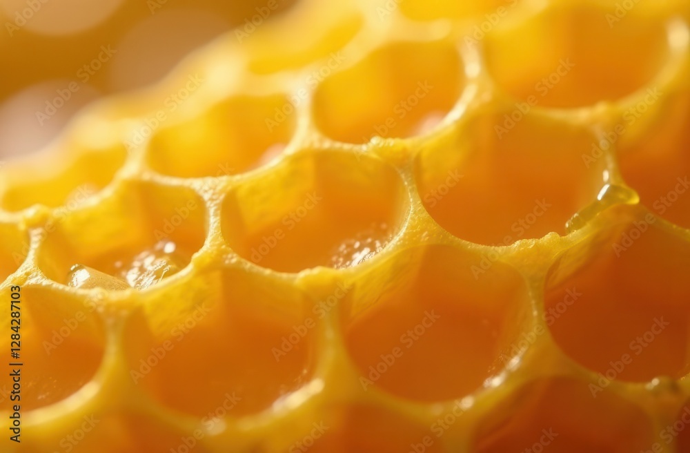 Close-up view of natural honeycomb structure with golden hexagonal cells Close-up view of natural honeycomb structure with golden hexagonal cells