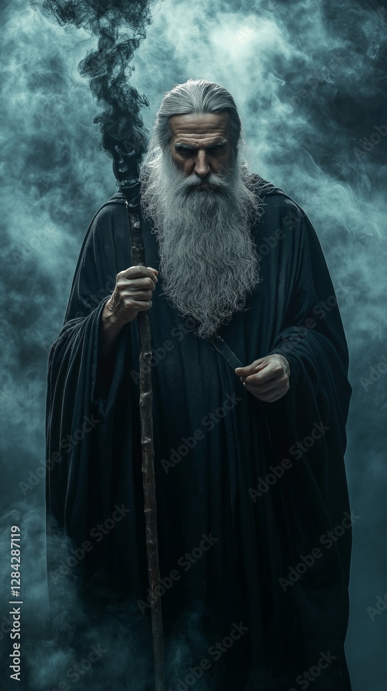 Fototapeta premium An ancient wizard stands tall, donning a flowing black robe and a long grey beard. He grips a gnarled staff, enveloped in mystical mist while lost in deep concentration, casting powerful spells