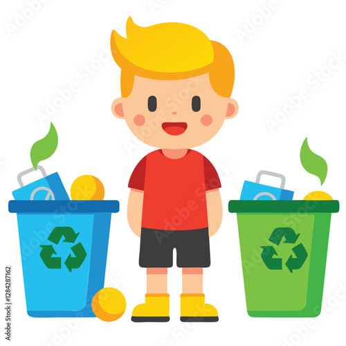 A cheerful cartoon boy stands between two recycling bins, one blue and one green, correctly sorting items