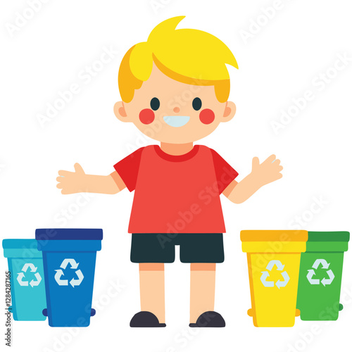 A cheerful cartoon boy stands in front of three different colored recycling bins