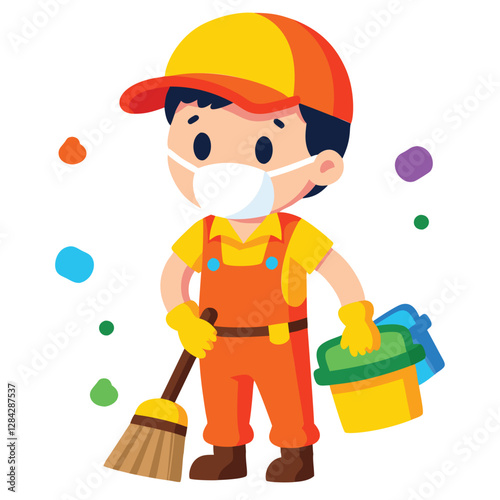A cheerful cartoon depiction of a child cleaning worker