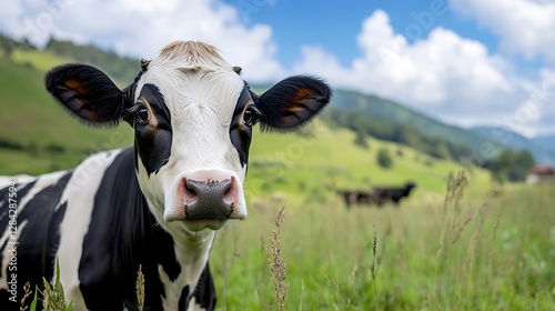 CloseUp of a Curious Black and White Cow Grazing in a Lush Green Pasture Under a Bright Sky : Generative AI photo