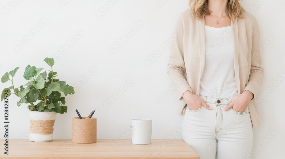 woman in beige cardigan stands by wooden table with plants and stationery. serene atmosphere highlights modern workspace woman in beige cardigan stands by wooden table with plants and stationery. serene atmosphere highlights modern workspace