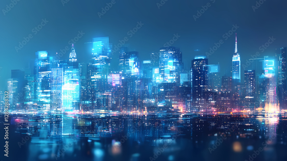 Obraz premium Abstract city skyline illuminated at night with vibrant blue and white hues. Ethereal City Skyline. Illustration