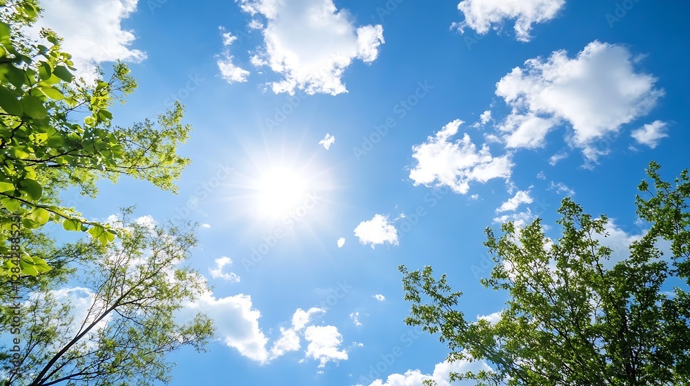Bright sunny day with clear blue sky and fluffy clouds captured from below lush green trees : Generative AI