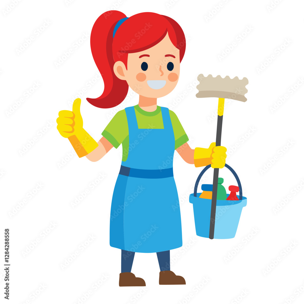 A cheerful cartoon illustration of a young woman in a light blue apron, holding cleaning supplies A cheerful cartoon illustration of a young woman in a light blue apron, holding cleaning supplies