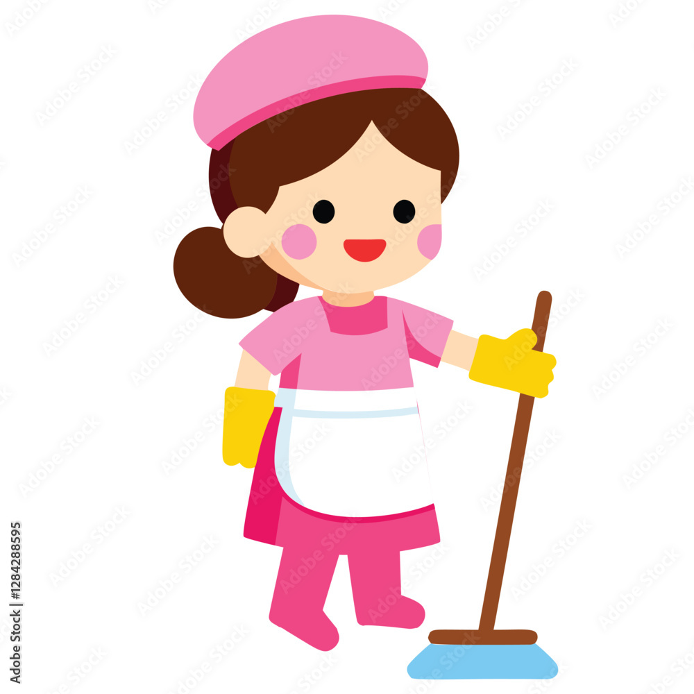A cheerful cartoon character, dressed in pink clothes, an apron, and yellow gloves, is depicted holding a mop A cheerful cartoon character, dressed in pink clothes, an apron, and yellow gloves, is depicted holding a mop