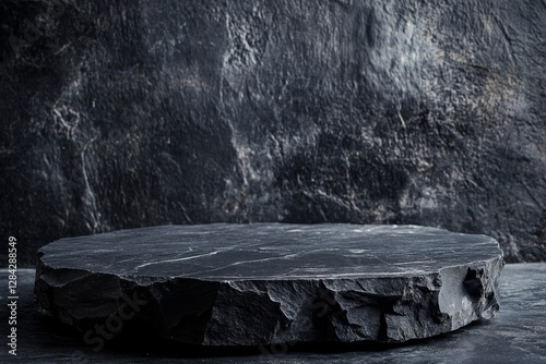 Black stone pedestal or platform on dark background. High quality photo