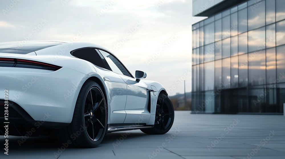 Naklejka premium Elegant white sports car parked near a modern building showcasing sleek design and urban lifestyle : Generative AI