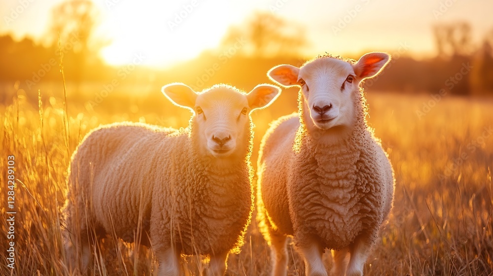 Fototapeta premium Two adorable sheep enjoying a beautiful golden sunset in a picturesque meadow : Generative AI