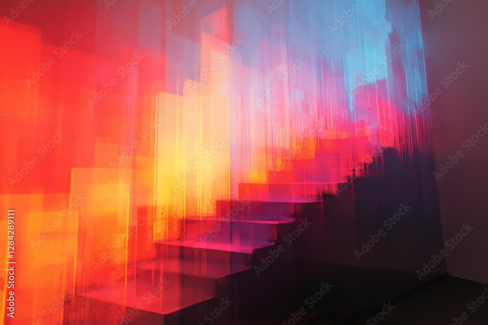 Staircase ascending into vibrant abstract light pattern