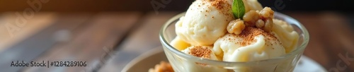 Walnut ice cream with a sprinkle of sugar in a glass bowl, sugar, walnut, dessert photo