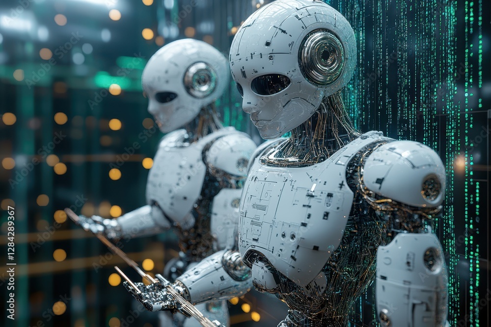Fototapeta premium Robots standing lifelike in a futuristic setting with glowing digital elements showcasing advanced technology