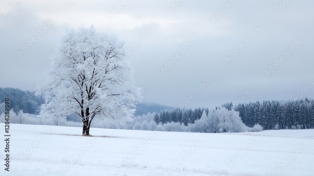 Solitary snowcovered tree in a vast winter landscape creating a serene and peaceful ambiance : Generative AI Solitary snowcovered tree in a vast winter landscape creating a serene and peaceful ambiance : Generative AI
