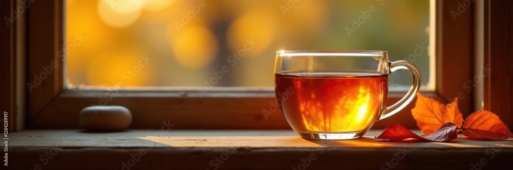 Warm amber liquid in a clear cup on a windowsill, cozy atmosphere, autumnal colors, Warm amber liquid in a clear cup on a windowsill, cozy atmosphere, autumnal colors,