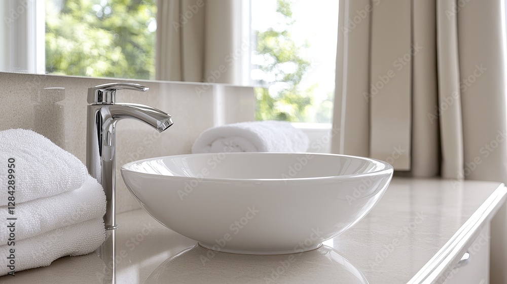 Fototapeta premium White ceramic vessel sink with a modern chrome faucet and folded towels on a countertop in a bright bathroom.