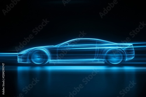 Abstract blue speed light lines car on black background. Abstract design with lights in the dark. High quality photo