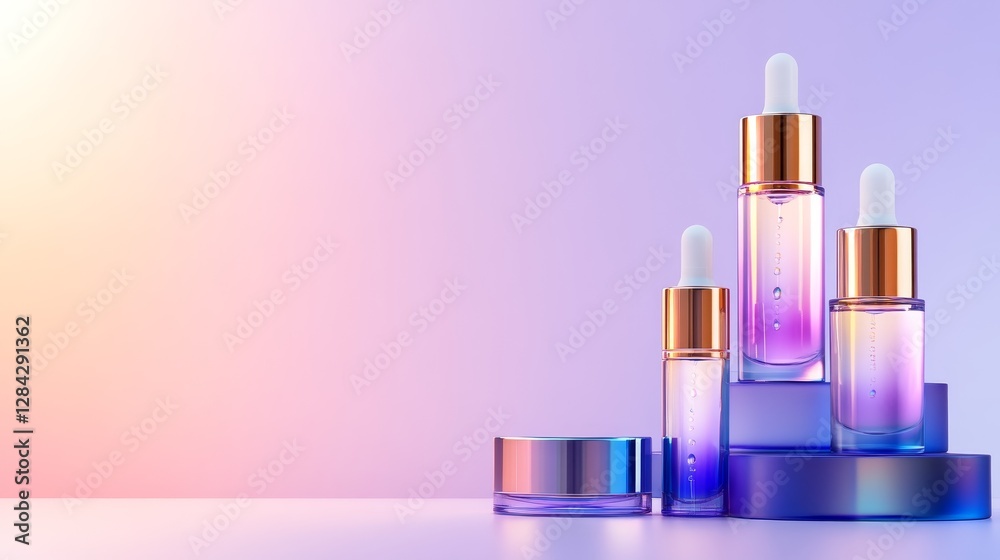 Elegant display of gradient beauty serum bottles on a soft pastel background, ideal for skincare promotion Elegant display of gradient beauty serum bottles on a soft pastel background, ideal for skincare promotion
