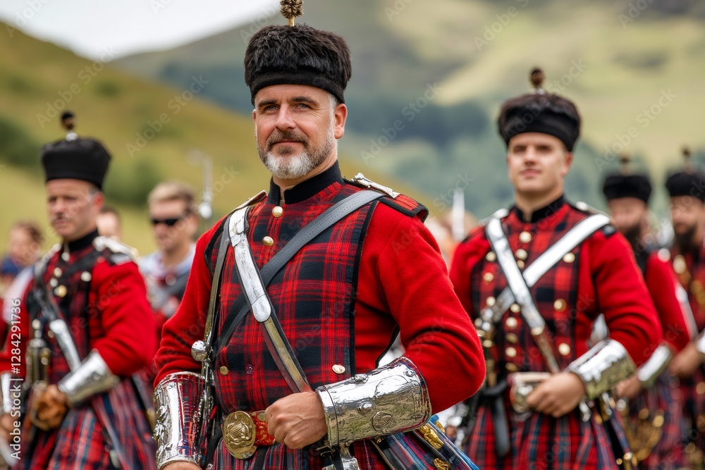 Obraz premium Scottish soldiers wearing traditional red uniforms marching in formation