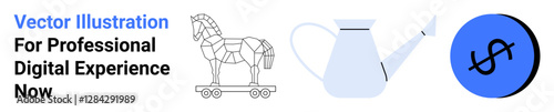 Trojan horse, watering can, and dollar sign highlight cybersecurity, nurturing growth, and financial management. Ideal for technology, economy, strategy, investment e-commerce marketing campaigns