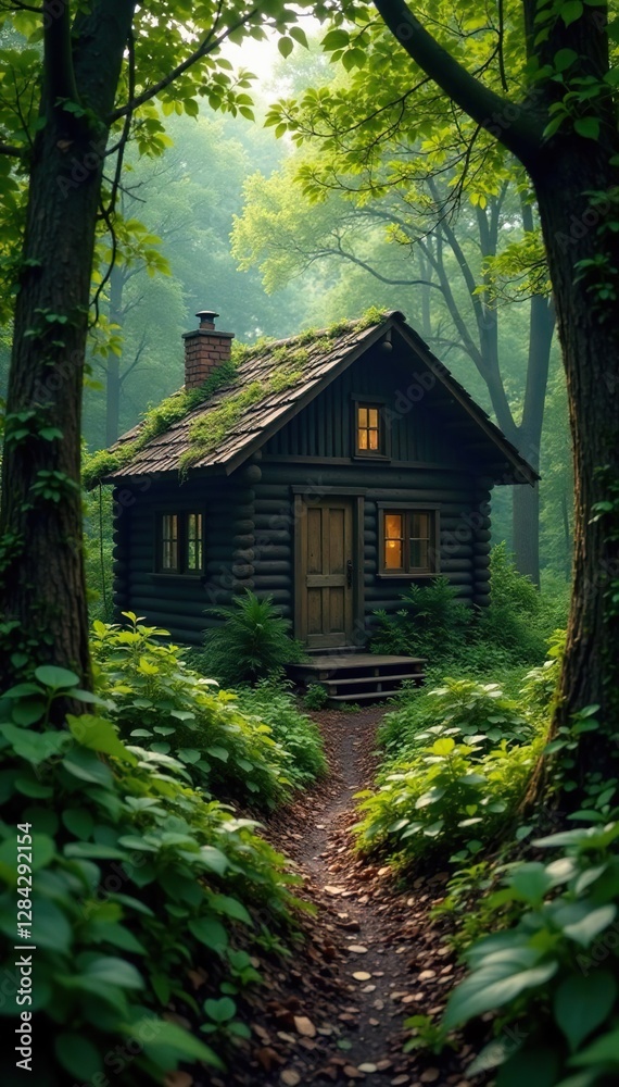 Cabin nestled in the heart of a dense thicket of bushes and vines, twigs, neglected, earthy scent Cabin nestled in the heart of a dense thicket of bushes and vines, twigs, neglected, earthy scent