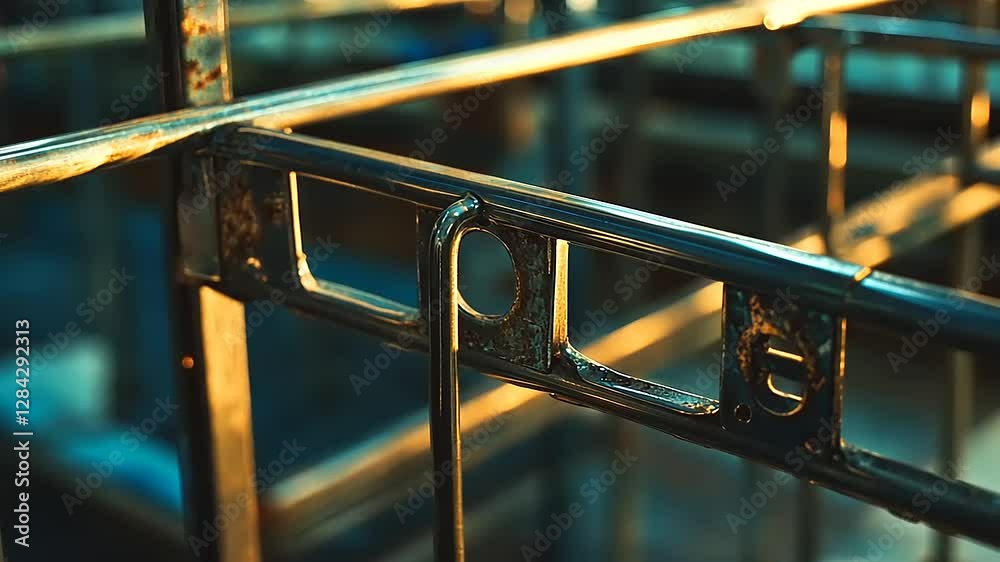 Close-up of a metallic structure showcasing intricate details and reflections in warm lighting Close-up of a metallic structure showcasing intricate details and reflections in warm lighting