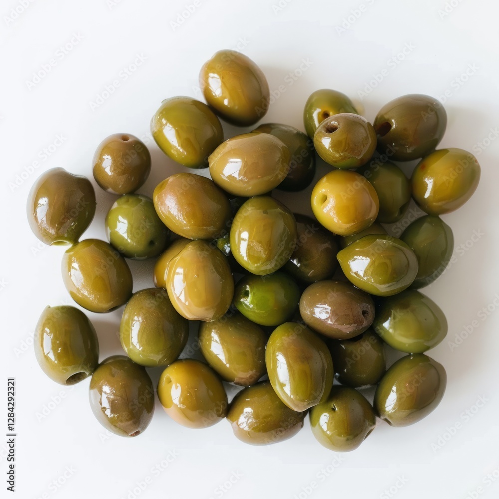 A bunch of green olives on a white background close-up A bunch of green olives on a white background close-up