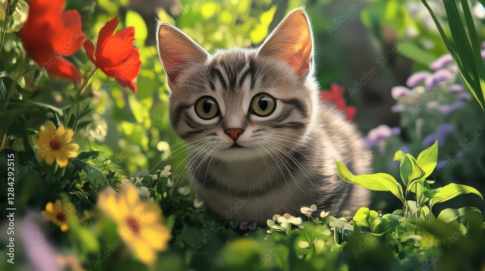 Playful kitten exploring a lush garden with vibrant flowers and greenery Playful kitten exploring a lush garden with vibrant flowers and greenery