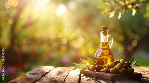 Olive oil and olives on a wooden table on a garden background