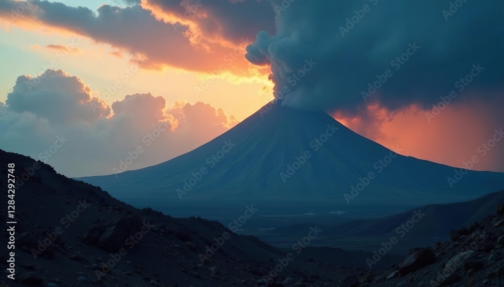 Volcanic ash clouds illuminate the dark skies amidst a rugged landscape, atmospheric, natural Volcanic ash clouds illuminate the dark skies amidst a rugged landscape, atmospheric, natural