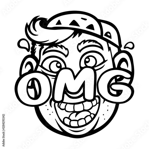A glyph sticker of a character face with omg typography 