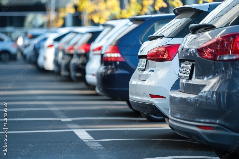 Fototapeta premium Numerous parked cars lined up in a modern urban parking lot during daylight, showcasing various colors and designs. Generative AI