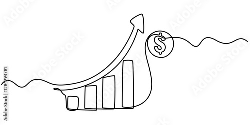 Continuous one line drawing of business growth icon with dollar sign vector illustration, Capital Growth Line Icon. Editable Stroke Vector Icon, Dollar rising and increase to be stronger concept one.