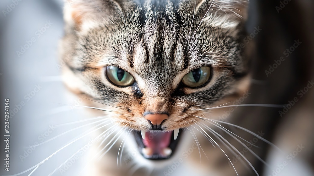 Closeup of an angry domestic cat showing teeth and intense green eyes : Generative AI Closeup of an angry domestic cat showing teeth and intense green eyes : Generative AI