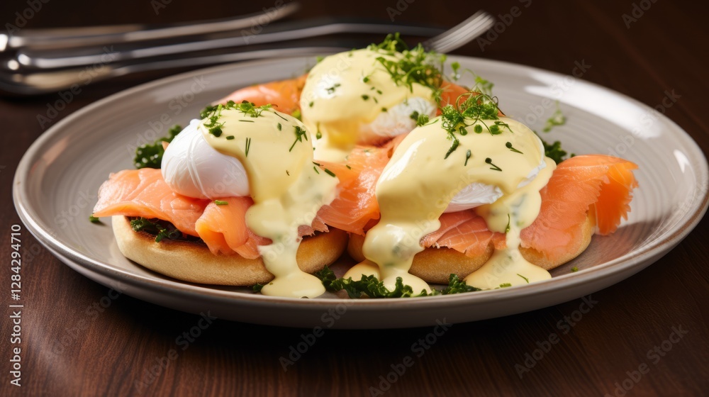 Eggs benedict with liquid yolk flowing out from the poached eggs with salmon and greenery Eggs benedict with liquid yolk flowing out from the poached eggs with salmon and greenery