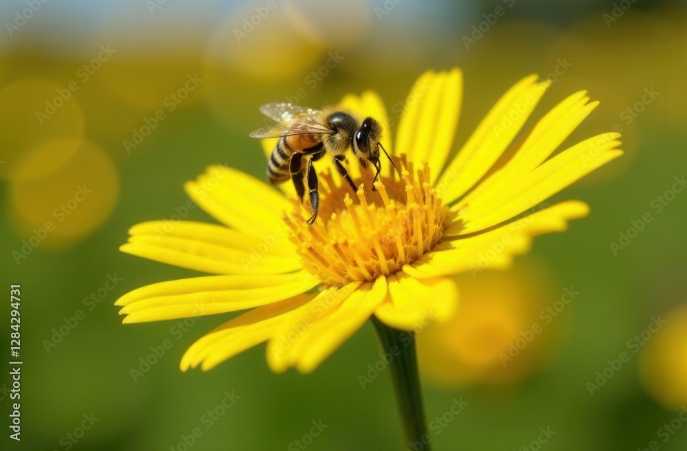 Bee pollinating yellow flower in vibrant field close-up Bee pollinating yellow flower in vibrant field close-up