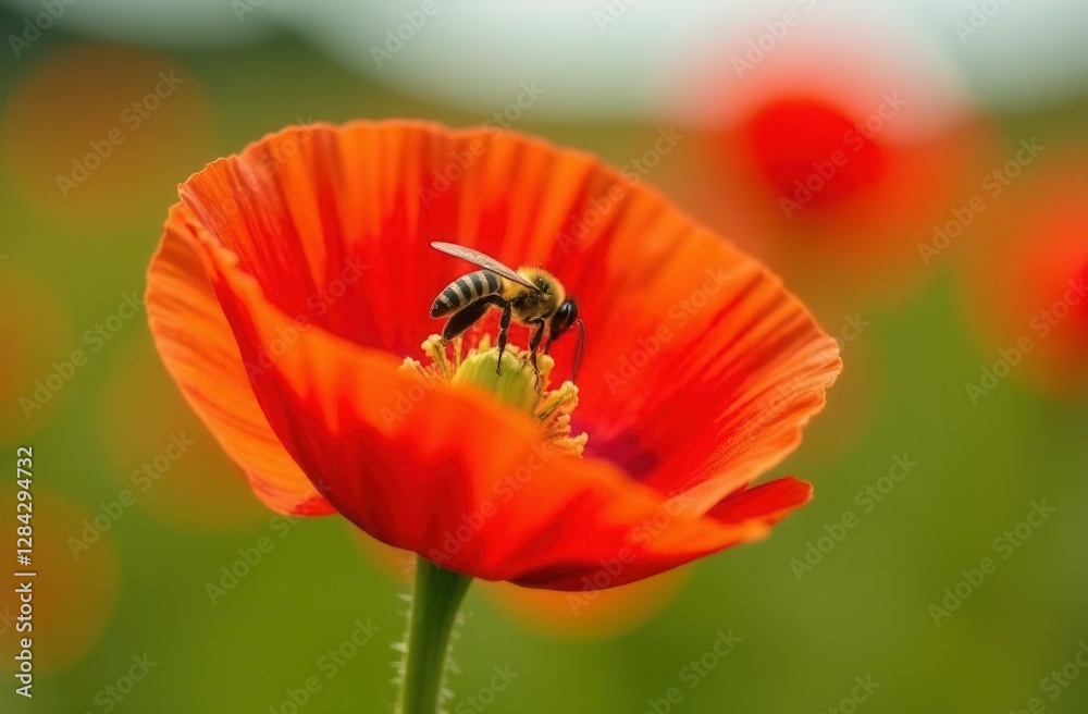 Honeybee pollinating vibrant red poppy flower in sunny meadow Honeybee pollinating vibrant red poppy flower in sunny meadow