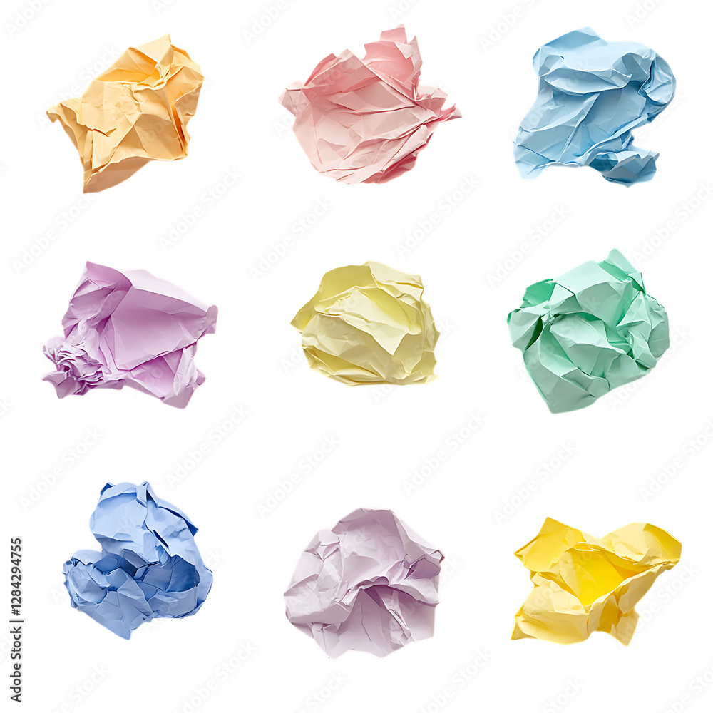 Naklejka premium Nine Pastel Colored Crumpled Paper Scraps PNG Against Transparent Background for Creative Design, Abstract Concepts, or Artistic Projects