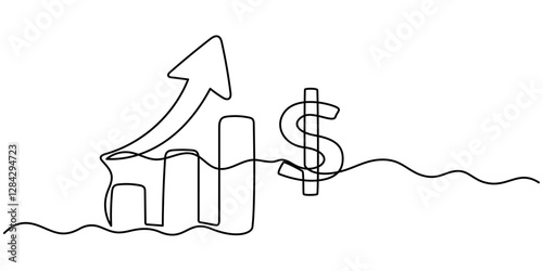 Continuous one line drawing of business growth icon with dollar sign vector illustration, Capital Growth Line Icon. Editable Stroke Vector Icon, Dollar rising and increase to be stronger concept one.