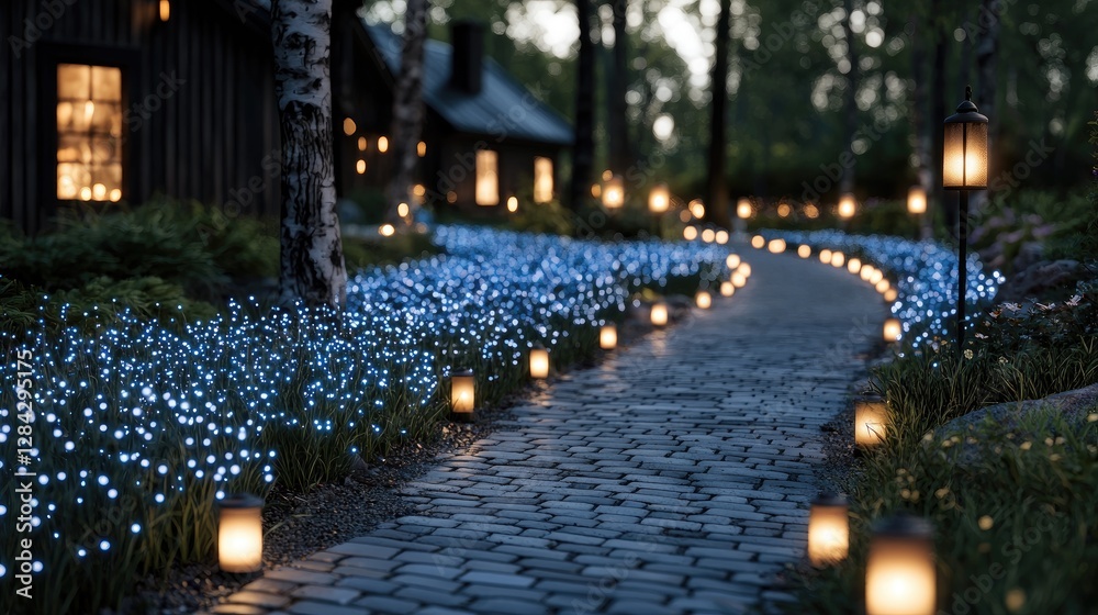 Evening path through a lighted garden near cabins Evening path through a lighted garden near cabins