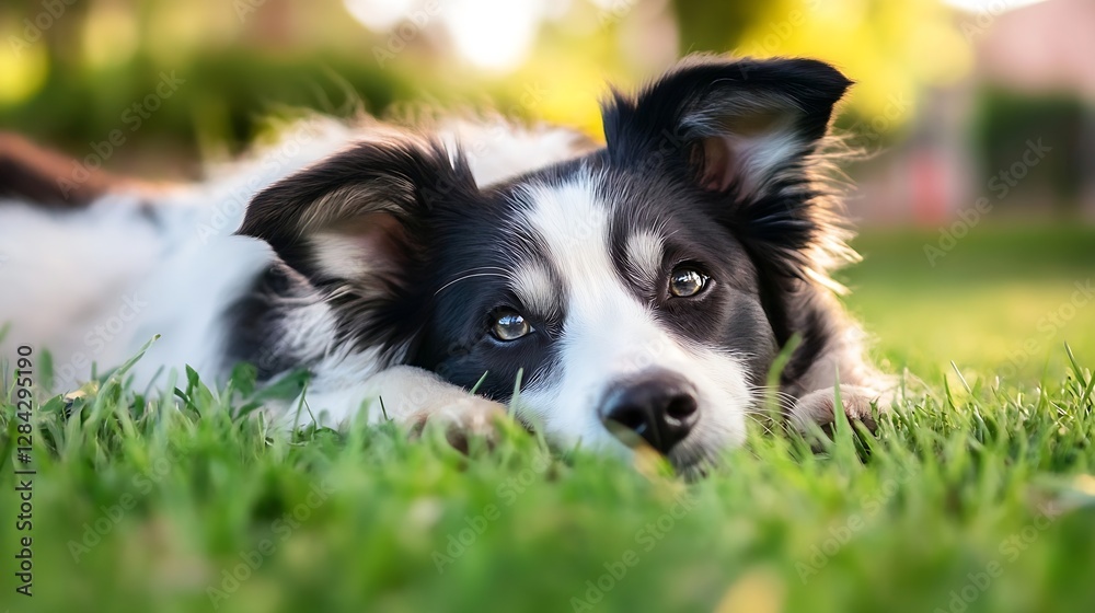 Sweet and playful dog laying on green grass in bright natural environment : Generative AI